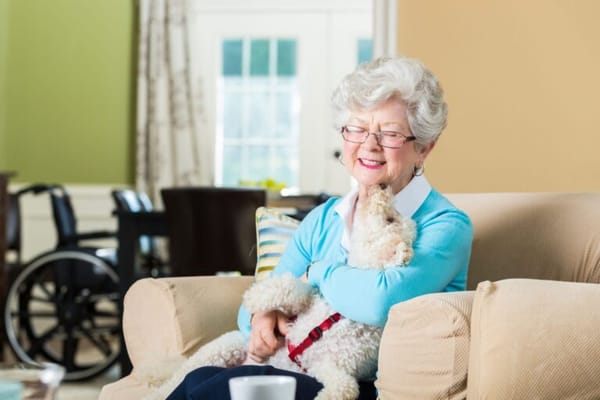 Senior woman cuddling a dog in a comfortable lounge