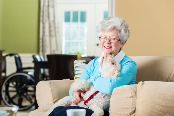 Senior woman cuddling a dog in a comfortable lounge