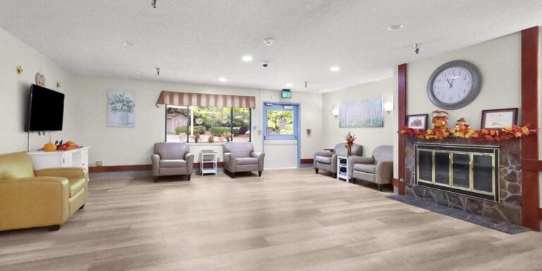 Bright common area with seating and decor