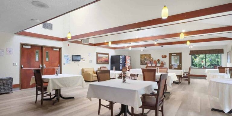 Dining area with tables and seating for residents