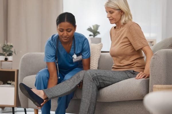 A caregiver assisting a resident with leg care
