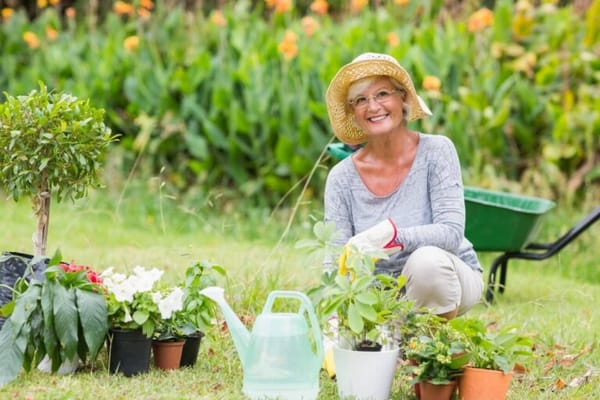 Senior woman gardening with potted plants