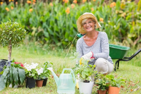 Senior woman gardening with potted plants