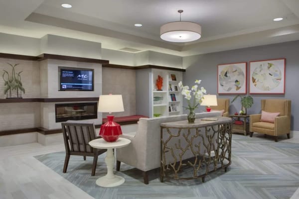 Interior seating area with modern decor and lighting