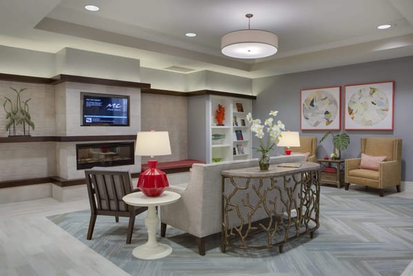 Interior seating area with modern decor and lighting