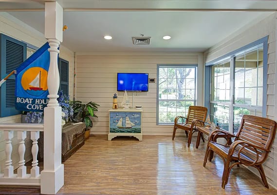 Bright common area with seating and decor