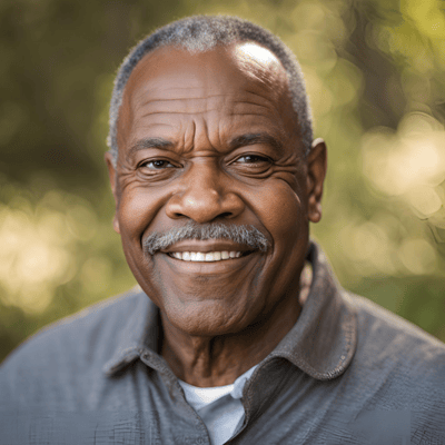 Senior man smiling outdoors with natural lighting