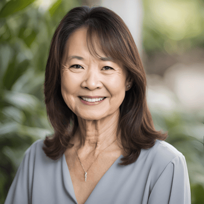 Smiling resident in a lush garden setting