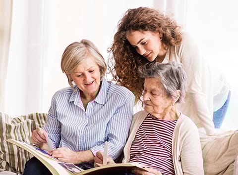 Residents looking at a photo album with staff