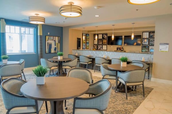 Bright and welcoming common area with seating