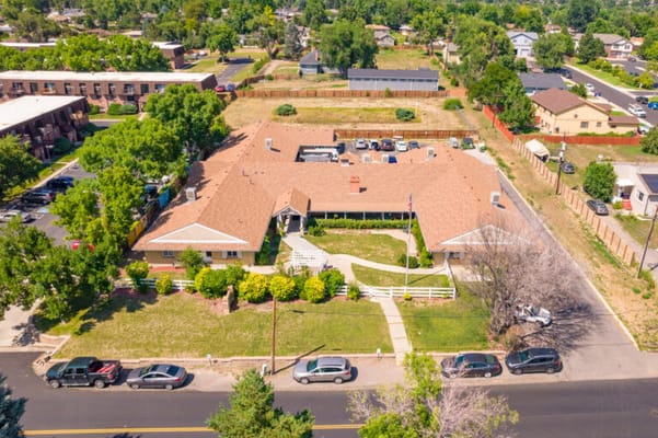 Aerial view of the exterior of Arvada Care and Rehabilitation Center