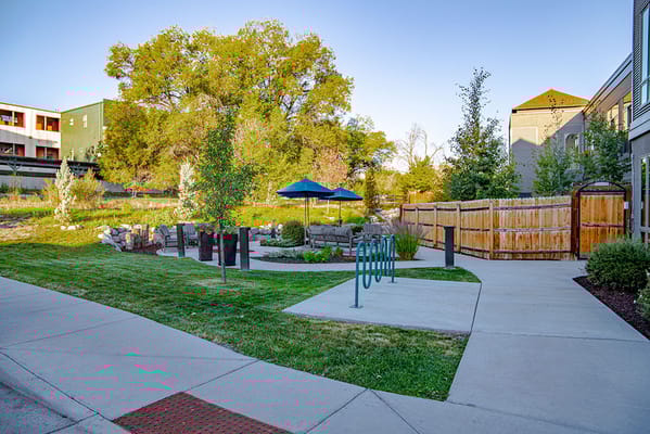 Pathway in a landscaped outdoor area with seating