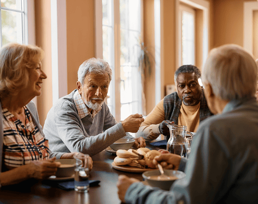 Residents enjoying a meal together in a dining area