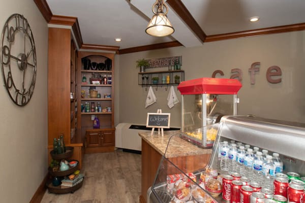 Cozy cafe area with snacks and beverages