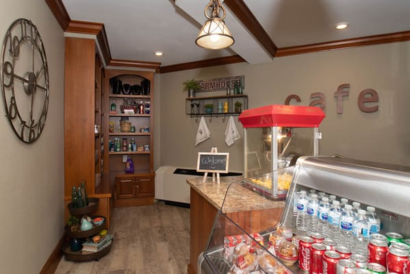 Cozy cafe area with snacks and beverages