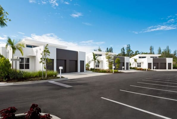 Exterior view of modern buildings in a senior living facility.
