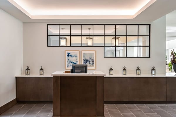 Reception area with a modern design and lighting