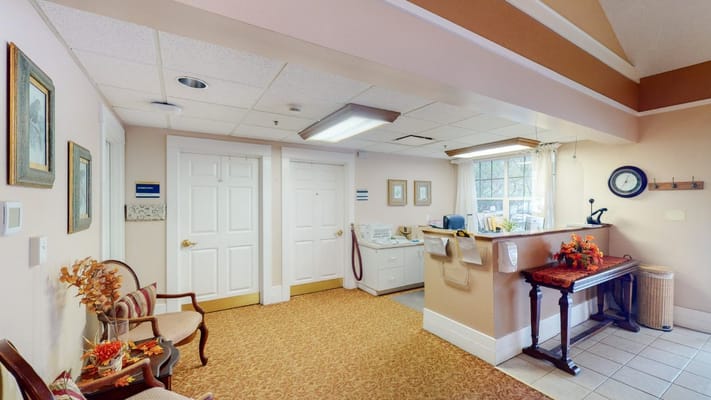 Interior view of a common area with seating and decor