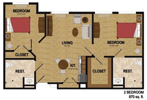 Floor plan layout of a two-bedroom apartment