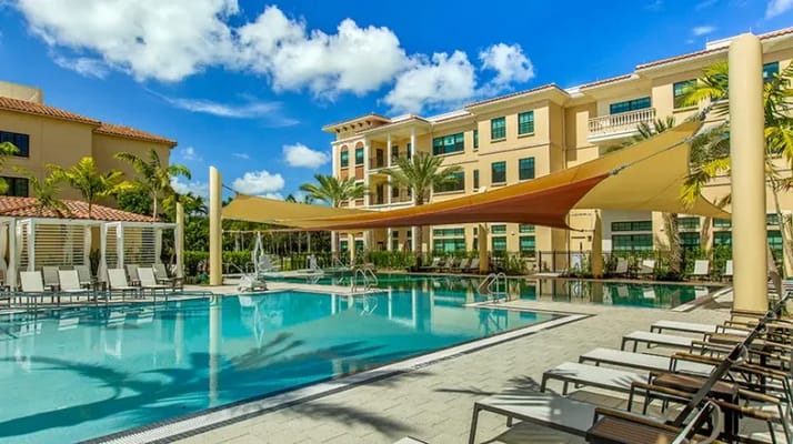 Outdoor pool area of a senior living facility