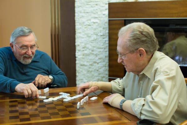 Two residents playing a board game in a common area