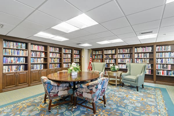 Interior library space with bookshelves and seating