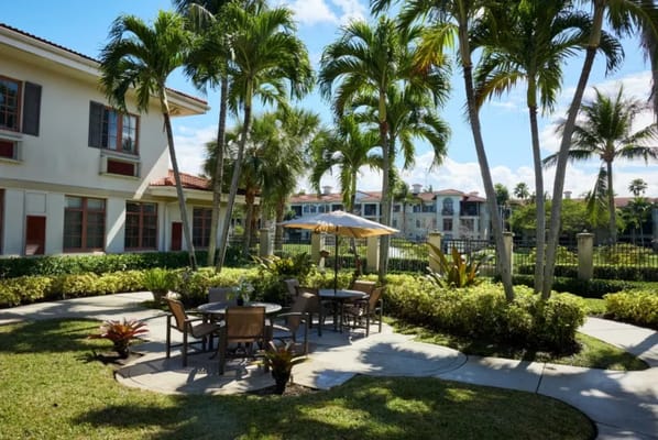 Outdoor seating area with palm trees and umbrellas