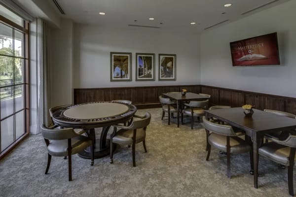 Interior view of a common area with seating and art