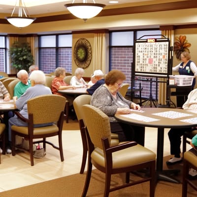 Residents enjoying a bingo game in a common area