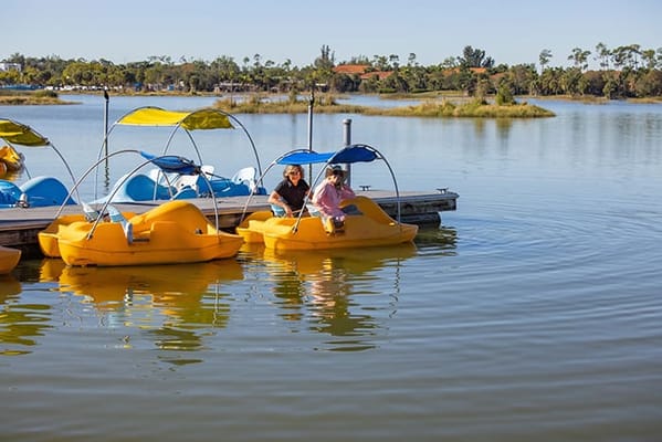 Residents enjoying pedal boats on a lake