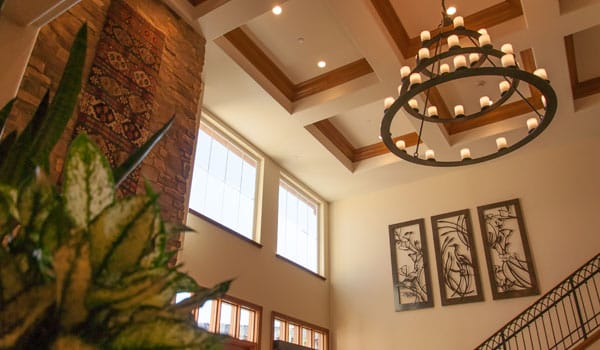 Interior view of a common area with artistic decor