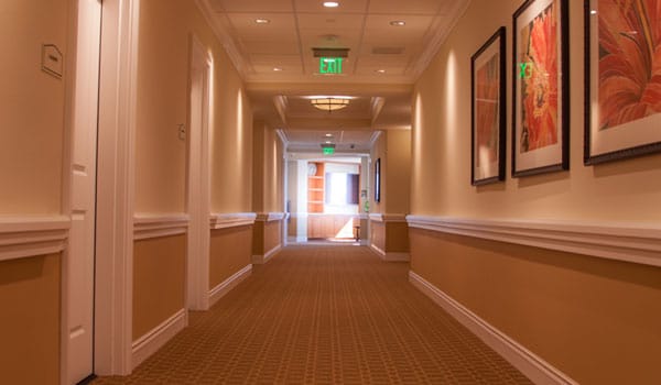 Interior hallway of a senior living facility