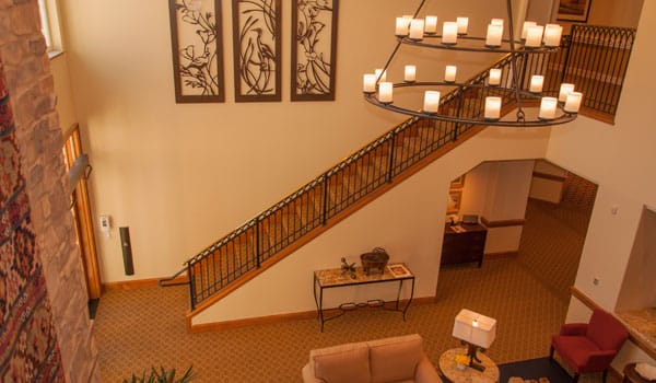 Interior view of a spacious lobby with seating