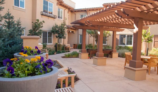 Garden patio with flowers and seating
