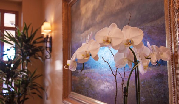 Elegant interior with orchids and artwork