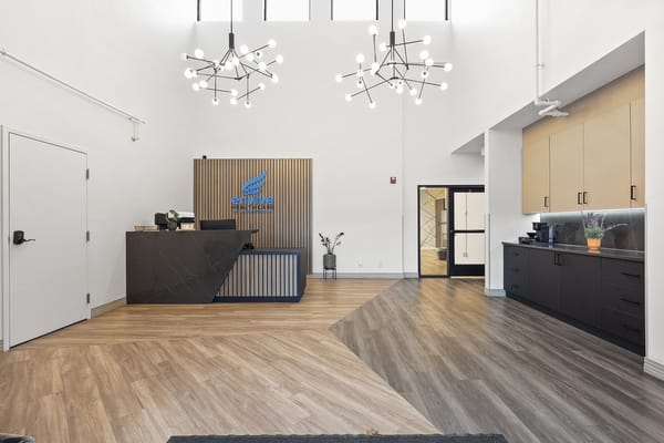 Lobby area with modern decor and reception desk