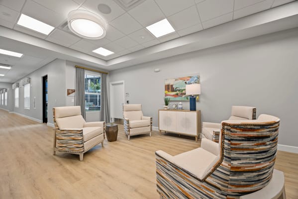Bright common area with seating and decor