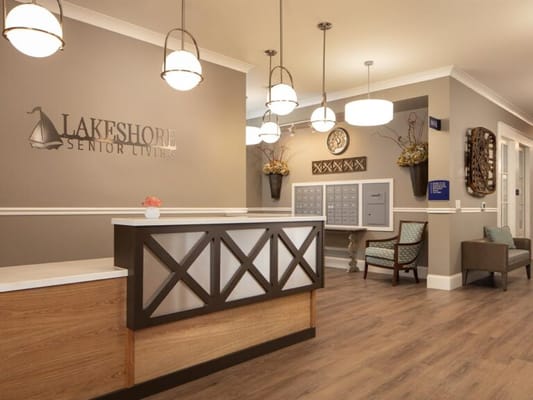 Bright interior lobby area with a reception desk