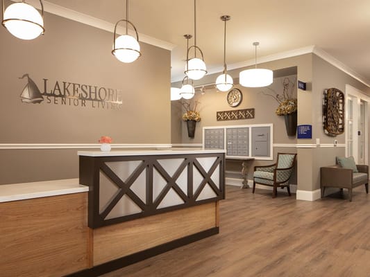 Bright interior lobby area with a reception desk