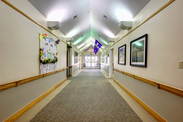 Interior hallway with decorated walls and natural light