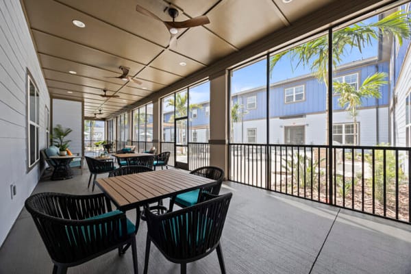 Covered outdoor seating area with tables and chairs