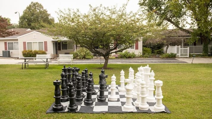 Outdoor giant chess set on a lawn near buildings