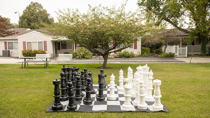 Outdoor giant chess set on a lawn near buildings
