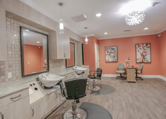 Hair salon area with professional styling stations