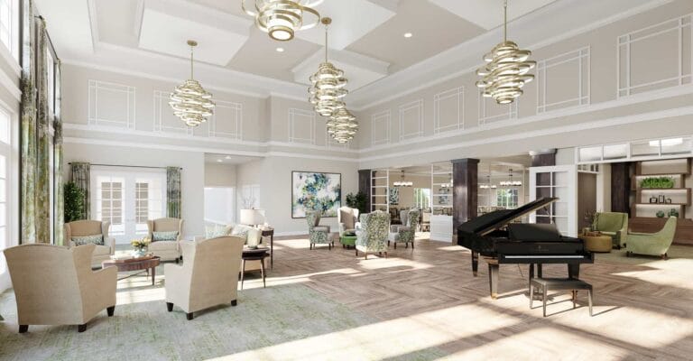 Spacious common area with comfortable seating and a piano