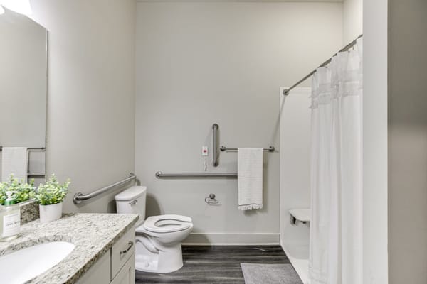Interior view of a bathroom with grab bars and a shower