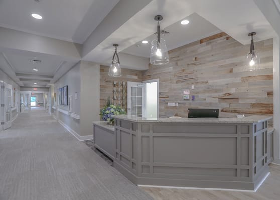 Lobby area with reception desk and seating