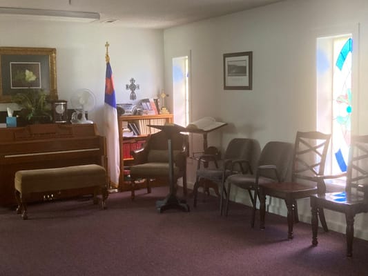 Interior view of a common area with seating and decorations