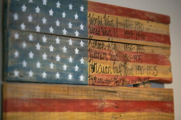 Decorative wooden flag board with war years listed