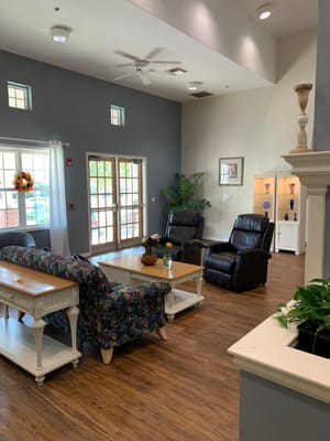 Interior lounge area with seating and decor